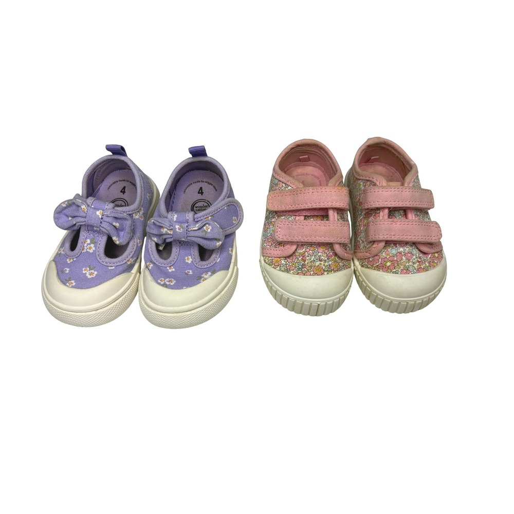 Wonder Nation Purple Pink Floral Bump Toe Sneakers 4 Girls Toddler Bundle of 2